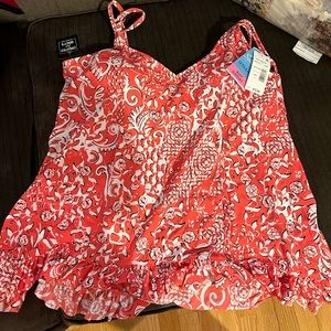 NEW Swim Solutions Ruffle Coral Orange Tankini Top with Bust Support NWT